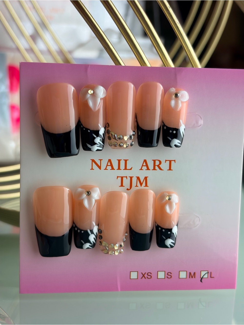 Peach & Black Floral 3D Rhinestone Press-On Nails Large